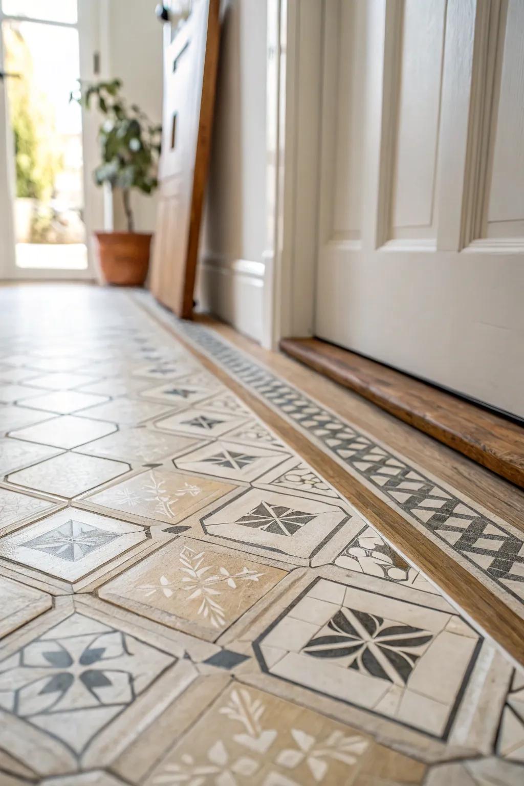 Neutral-on-neutral patterned foyer tile brings a cute wow moment—calm, bright, and totally livable.