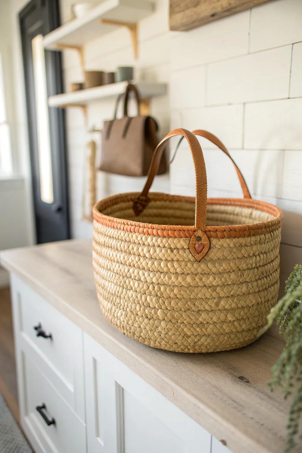 Thrifted woven baskets keep open shelves tidy—farmhouse charm on a small-kitchen budget.