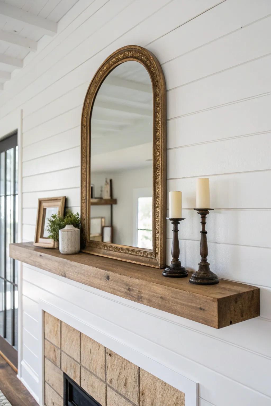 No fireplace? Create farmhouse charm with a simple faux mantel ledge and mirror moment.
