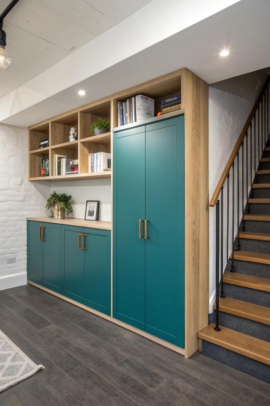 A built-in storage wall that hides basement clutter—clean lines, warm wood, and styled shelves.