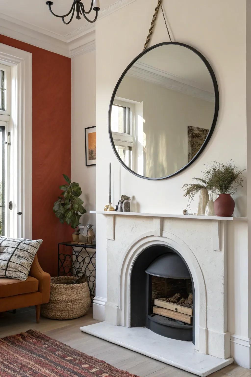 A round mirror hung low above the mantel bounces light and makes a small fireplace feel wider.
