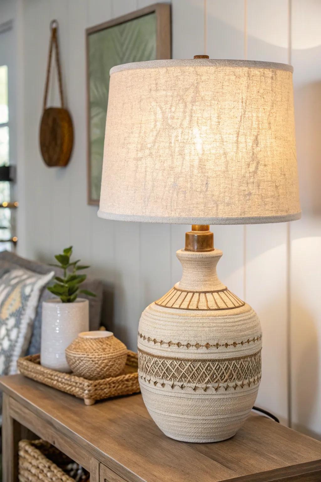 Layered lighting: a handcrafted lamp with soft sconce glow behind it makes a small room feel luxe.