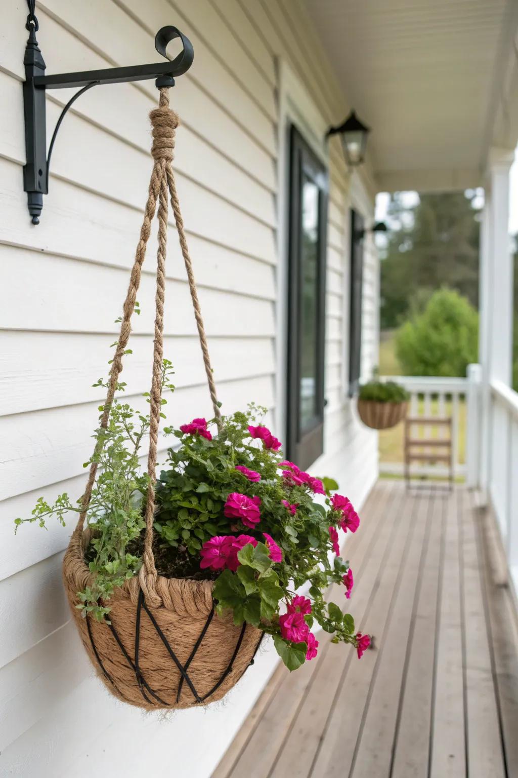 Hang a vibrant basket planter to add color to a tiny front deck—no floor clutter, just charm.