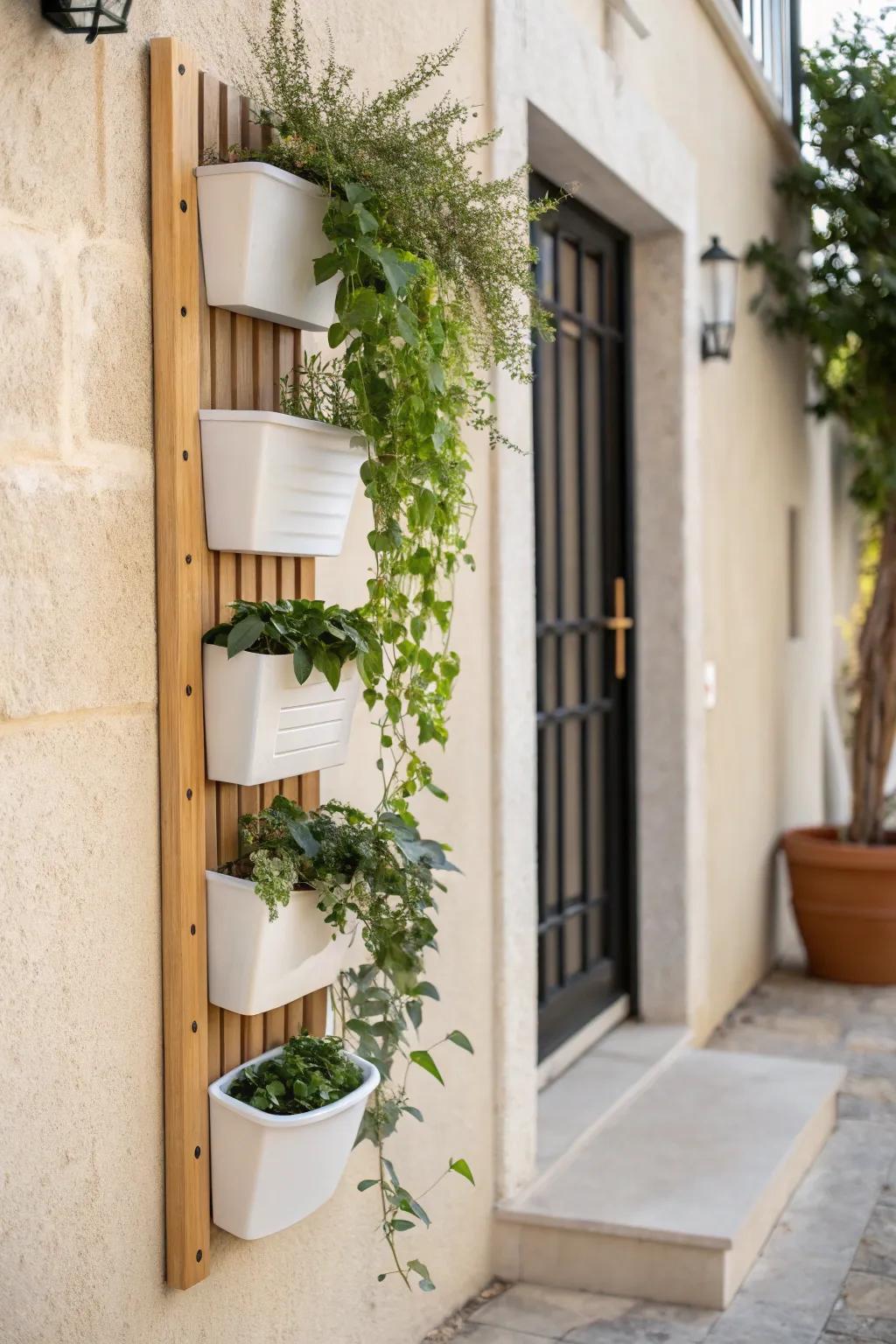 Go vertical: a slim wall planter adds lush greenery without stealing entry space.