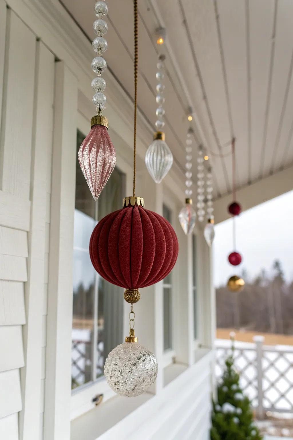 Staggered ceiling-hung ornaments add instant magic—no floor space needed on tiny porches.