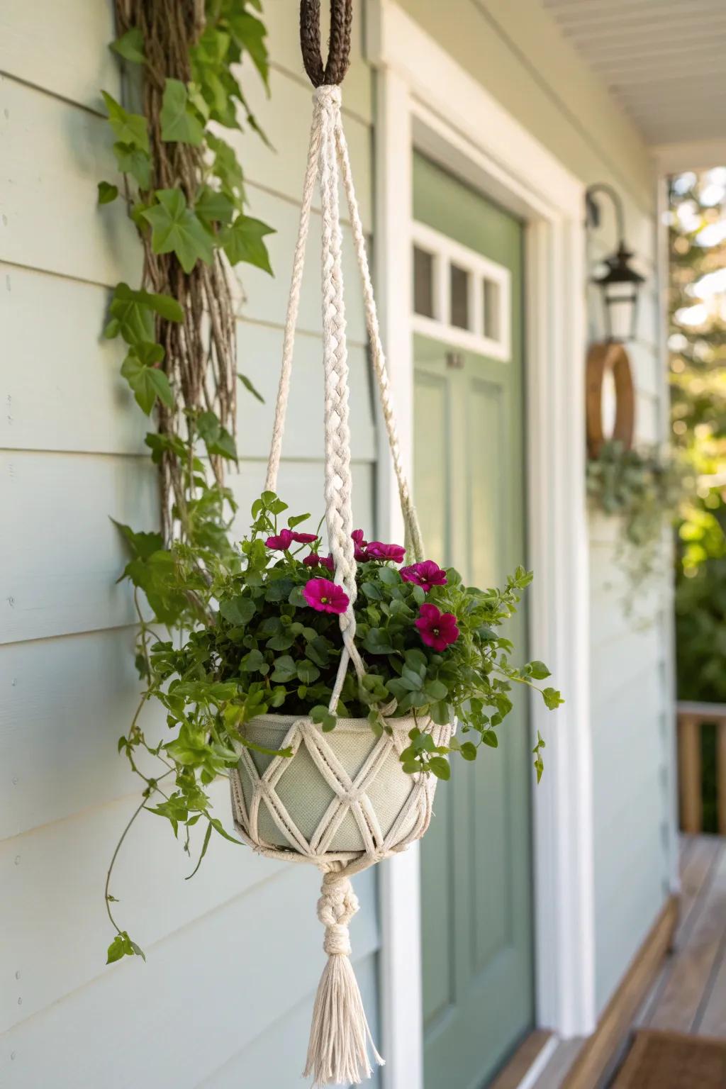 A lush hanging basket adds porch greenery without taking up a single inch of step space.
