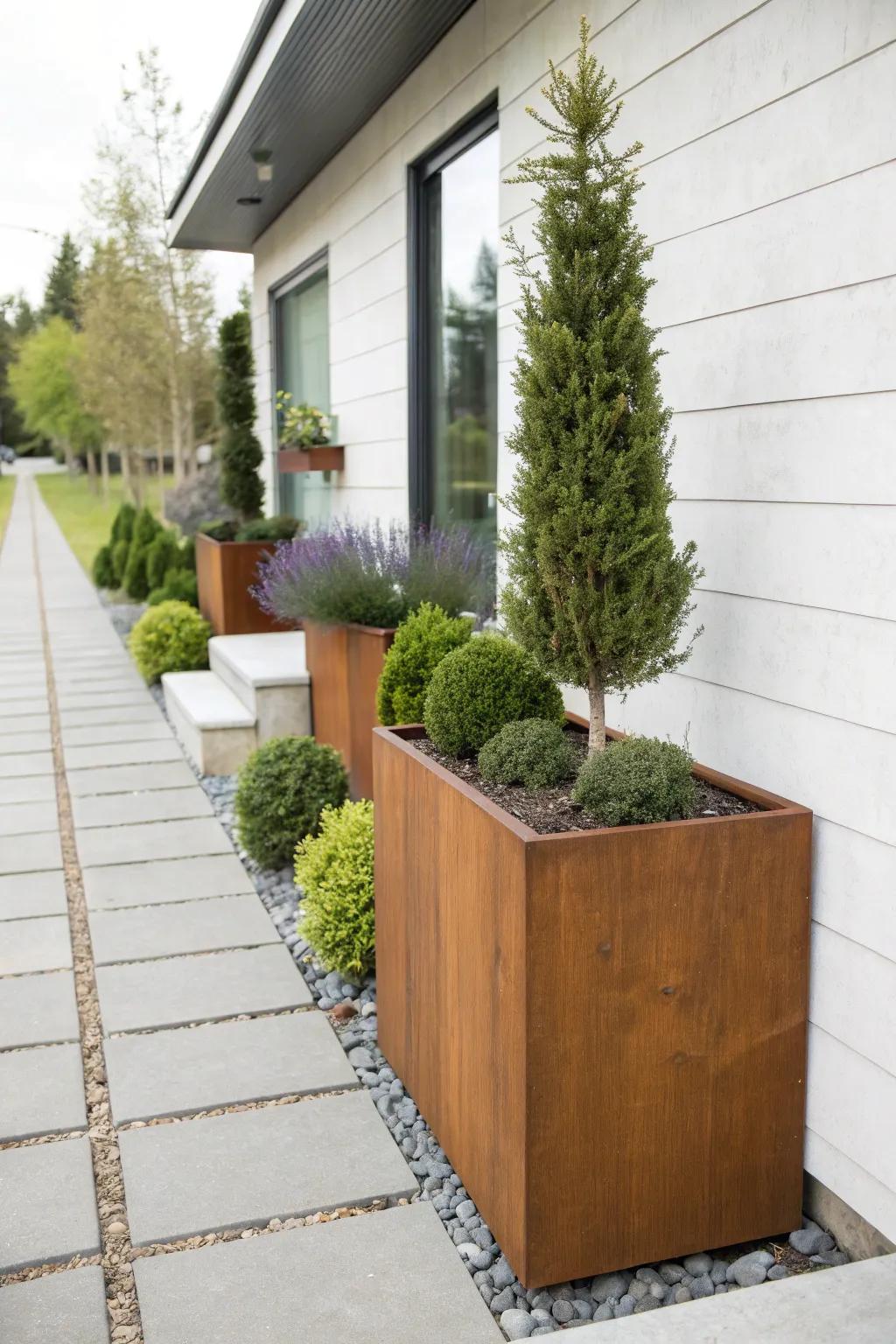 A staggered shrub planter that adds townhouse privacy—screened, airy, and still welcoming.
