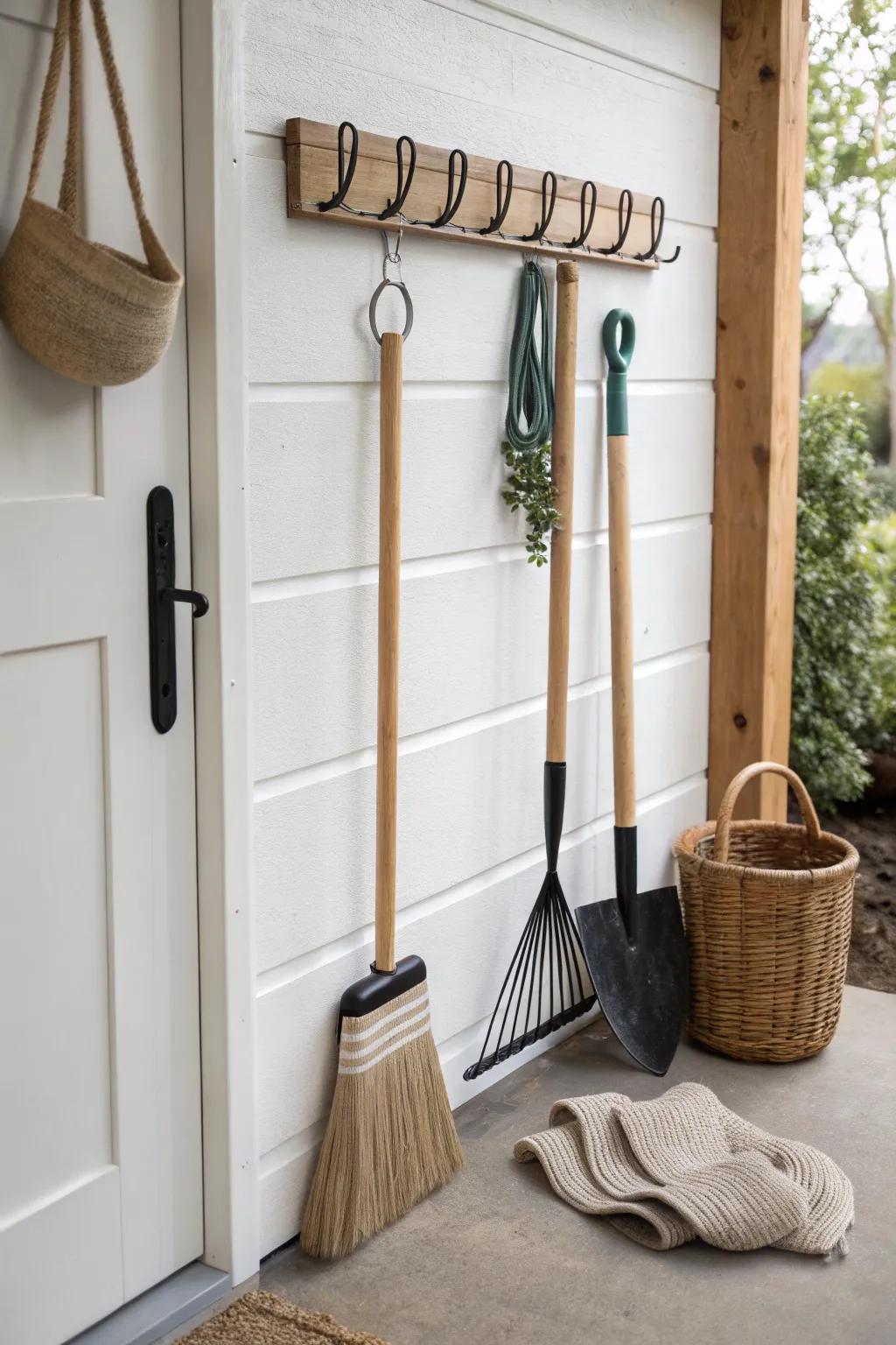 A sleek oak tool strip keeps rakes and brooms off the floor—more space to park and sweep.