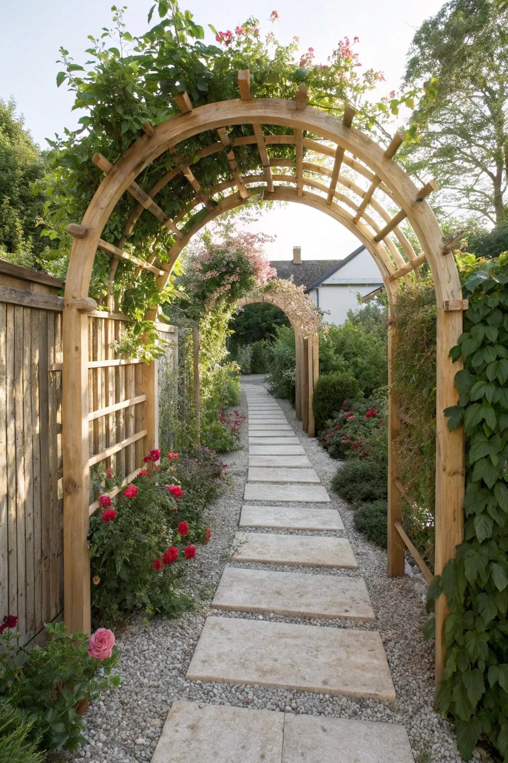A handcrafted arch trellis turns two slim beds into a magical mini tunnel for small yards.