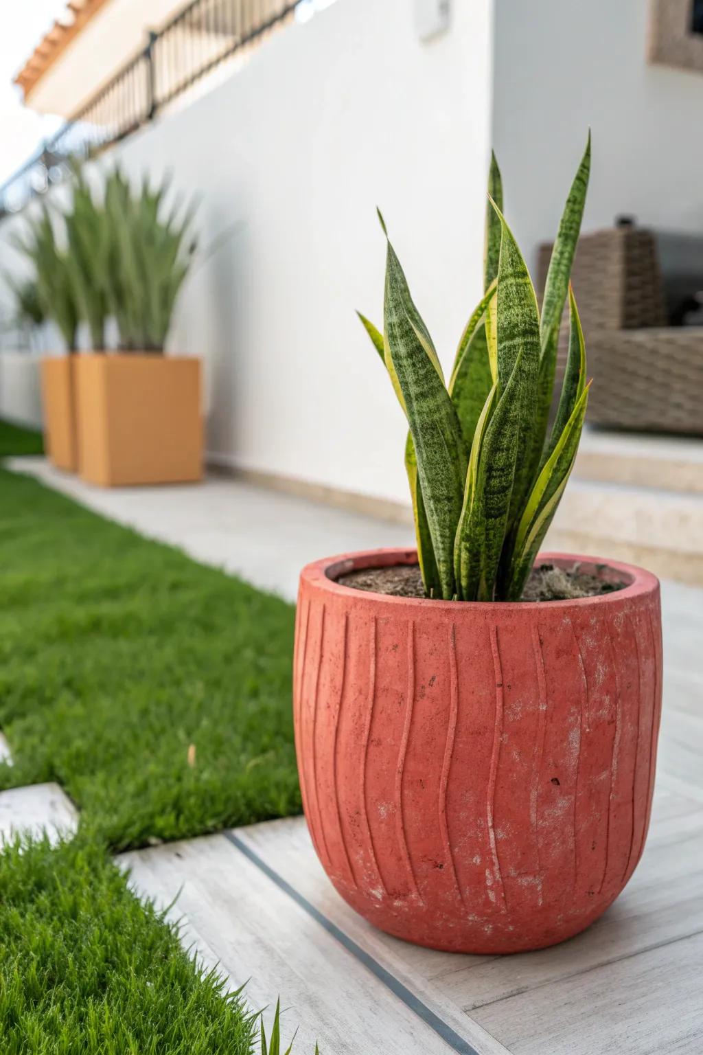 Low‑maintenance potted greenery on artificial turf—instant depth for a small garden, zero digging.
