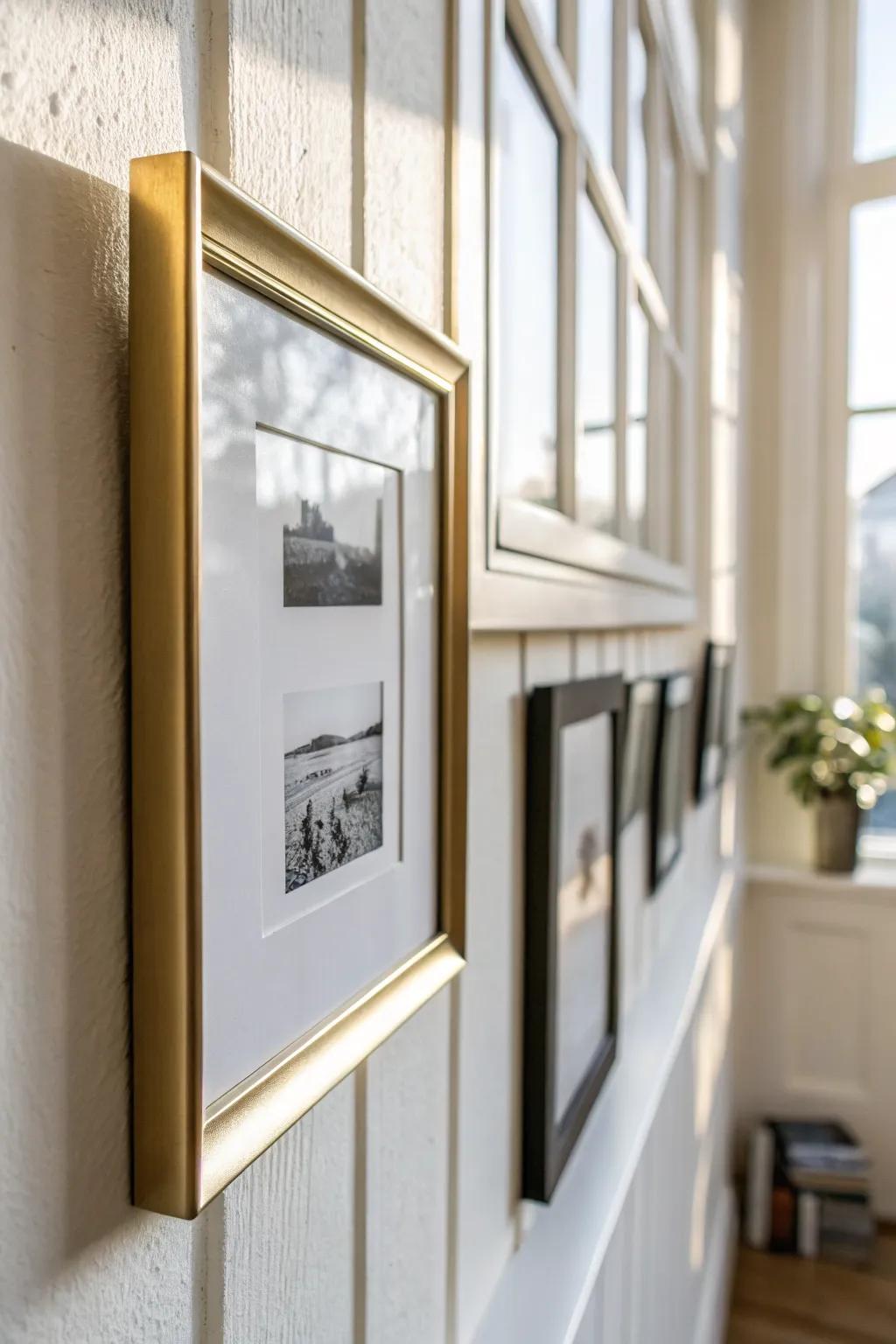 One metallic frame + monochrome fashion print = mini gallery-wall glam for small living rooms.