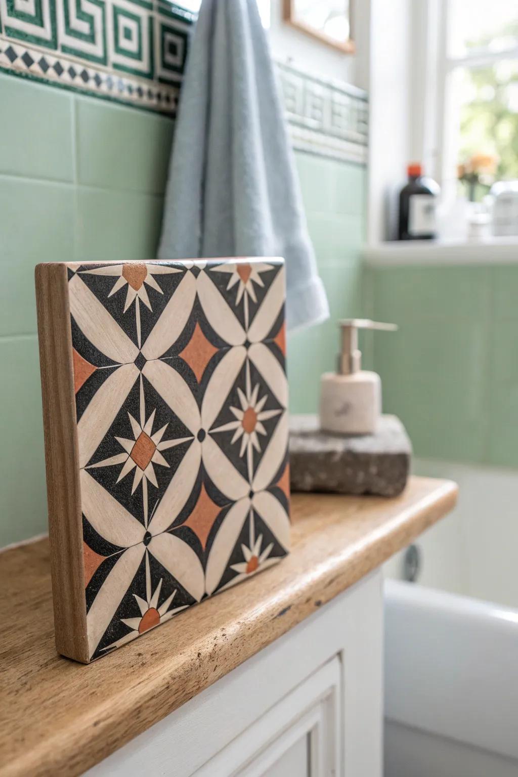 Quiet green walls, bold patterned floor—an easy trick to make a small bathroom feel wider.