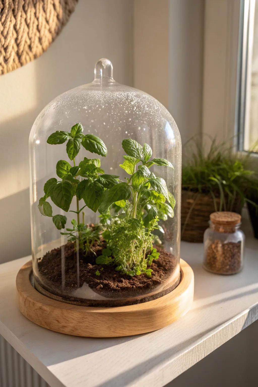 A tiny glass cloche greenhouse that boosts humidity and warmth—perfect for small-space herbs.