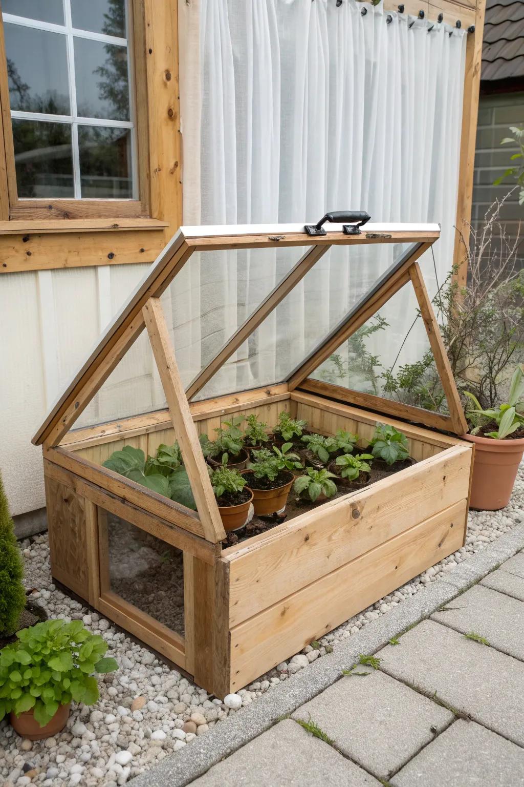 A chic hinged cold frame—minimal, handcrafted, and perfect for hardening off seedlings.