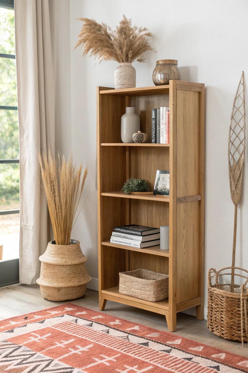 Zone a small studio with a slim shelf and bold rug—airy sightlines, big intention.