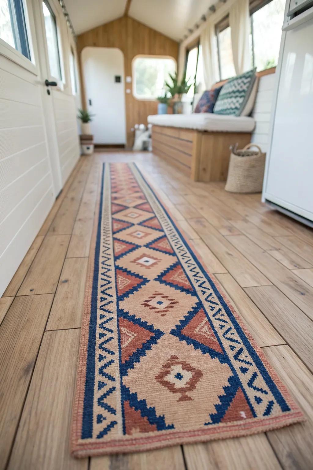 Wood-look vinyl plank meets a washable boho runner—durable, cozy, and trailer-ready.