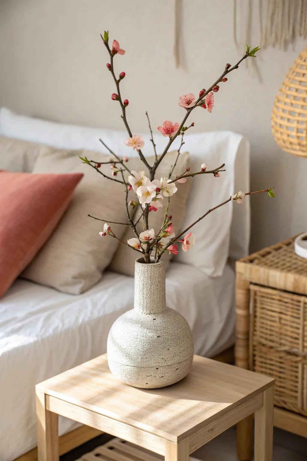 One intentional ikebana branch brings calm, nature, and style to the smallest Japanese bedroom.