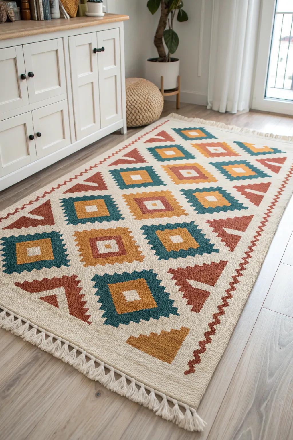 One oversized rug instantly defines the play zone and makes a tiny kids’ room feel bigger.