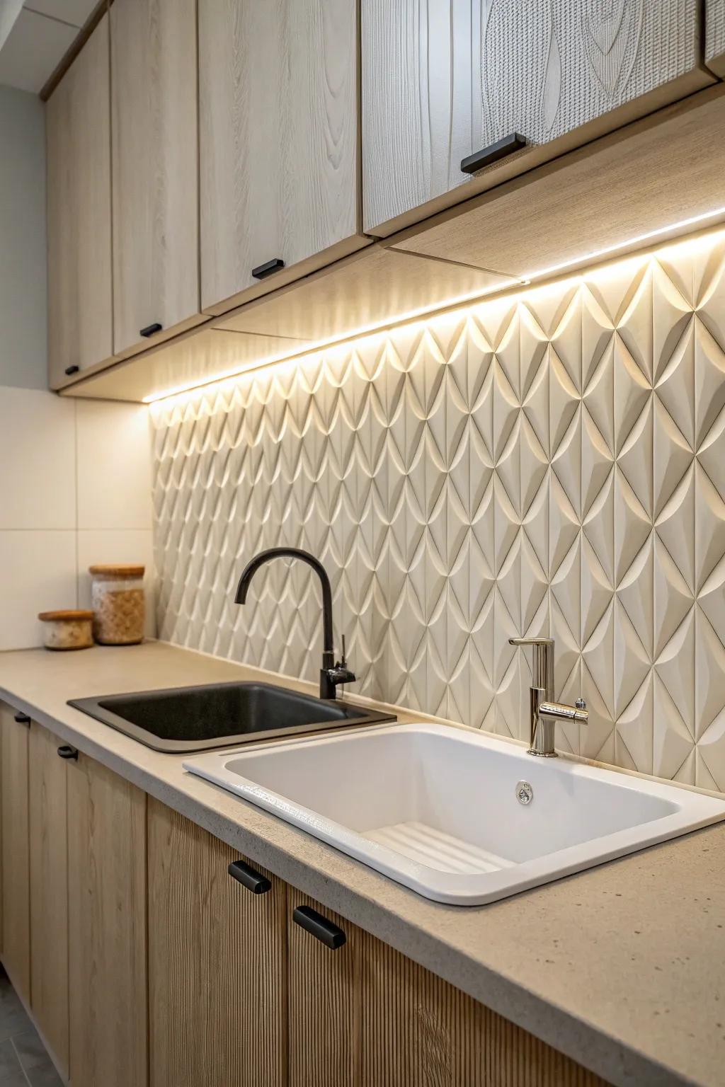 3D backsplash tile + under-cabinet lighting = sculptural shadows that elevate a tiny kitchen.
