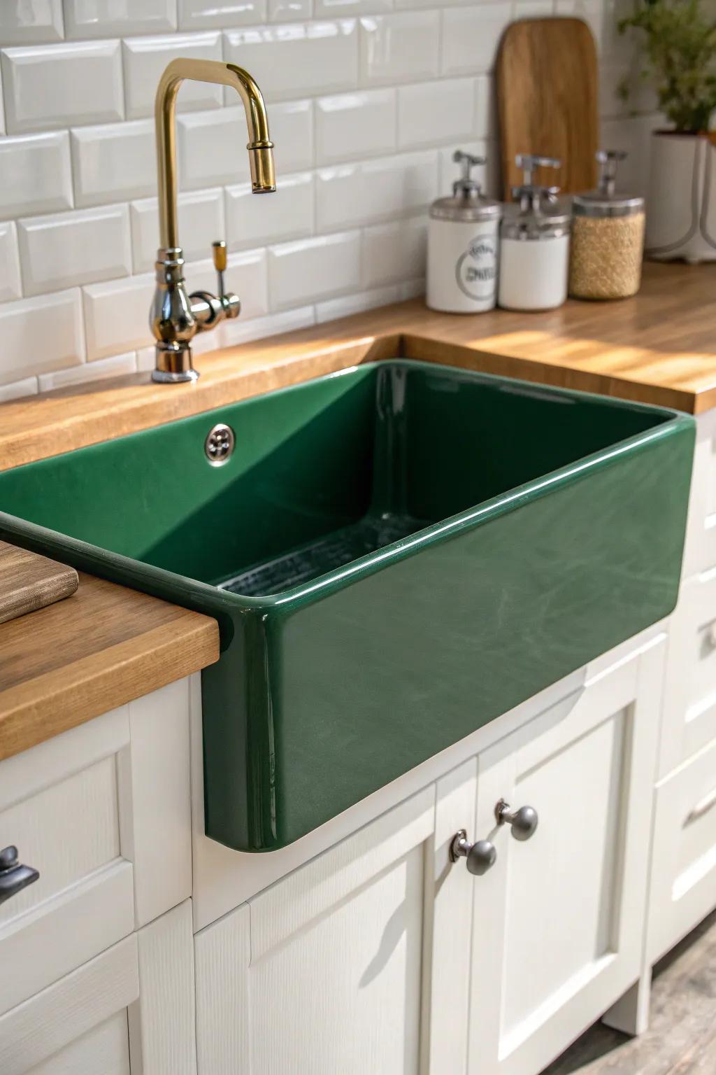 A petite emerald apron-front sink turns a tiny kitchen into a bold, designed focal point.