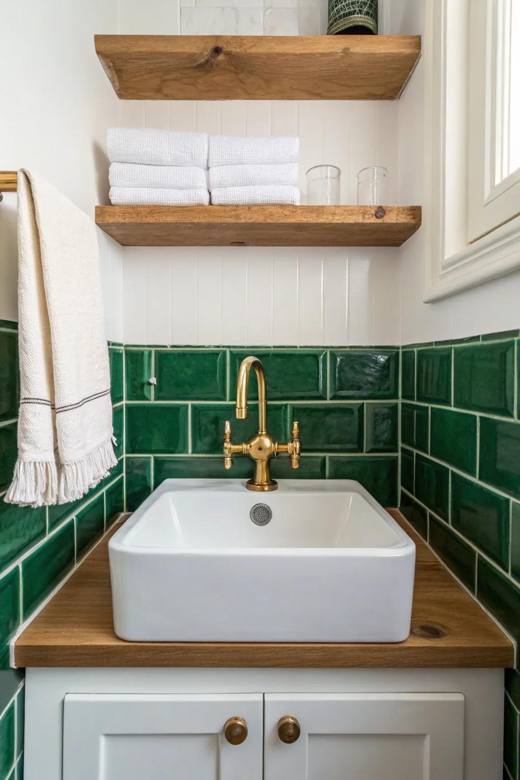 A wipeable emerald tile backsplash keeps the sink zone spotless—and instantly looks finished.