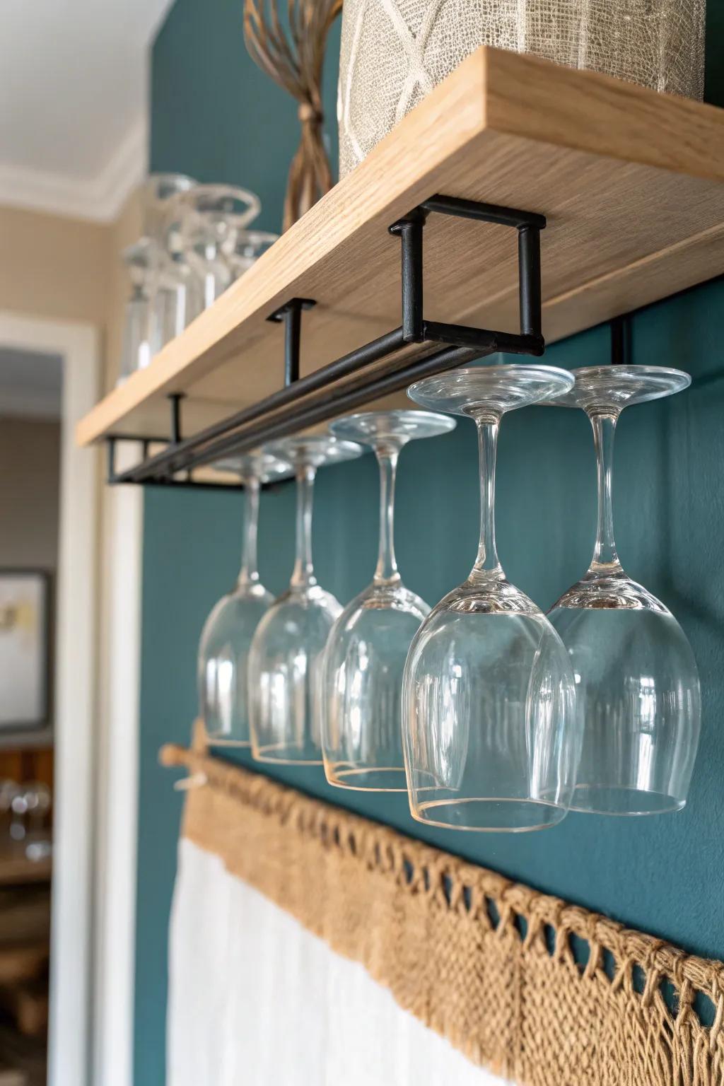Instant lounge vibes: an under-shelf stemware rack that saves space and elevates your bar.