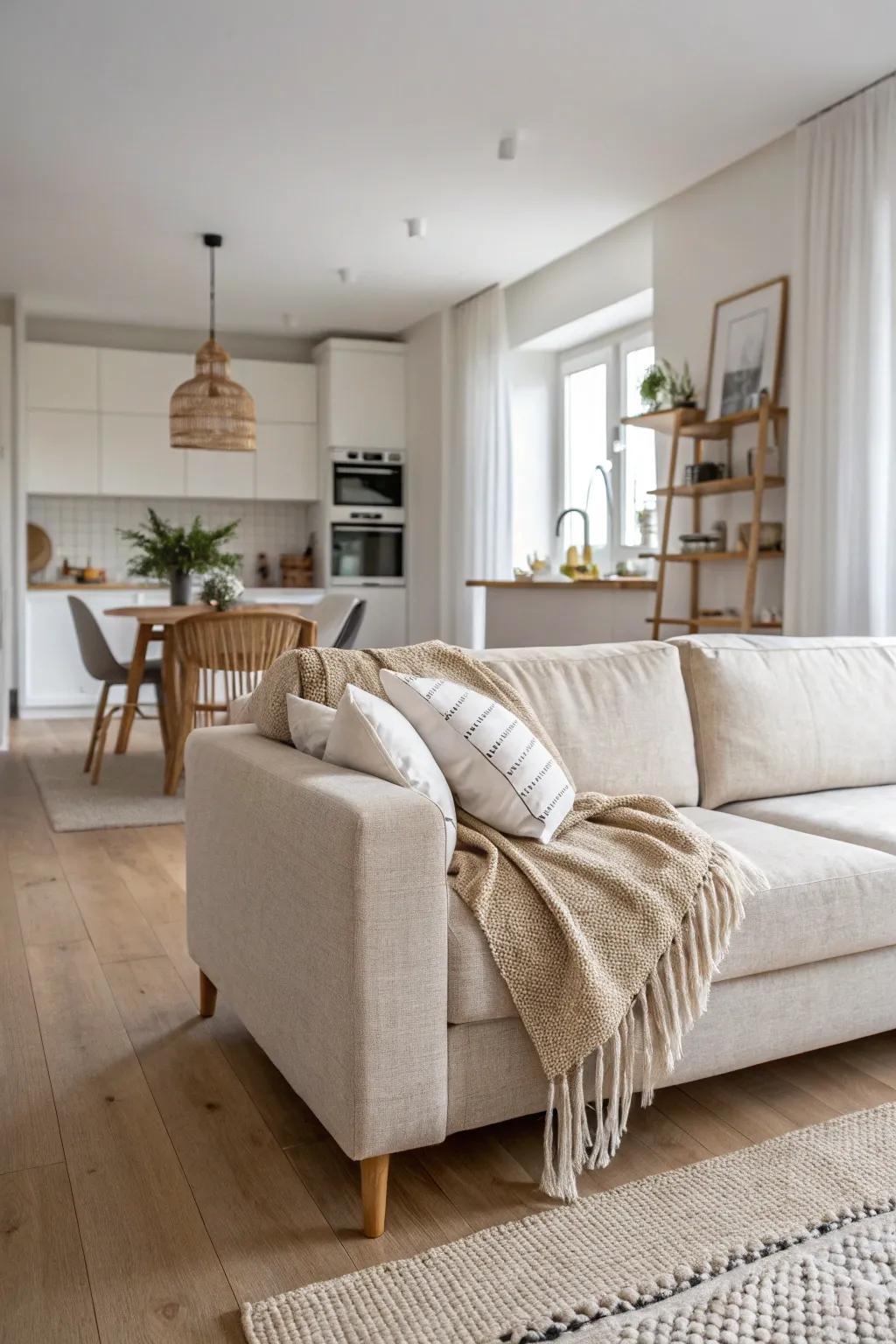 Let a bold sofa define zones—instant structure for an open, small living room layout.