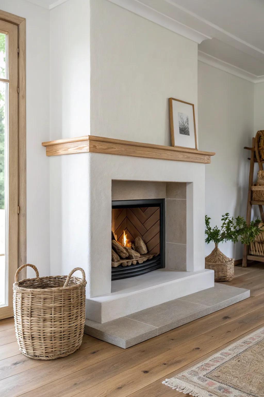Corner fireplace nook that frees up wall space—minimal, cozy, and beautifully crafted.