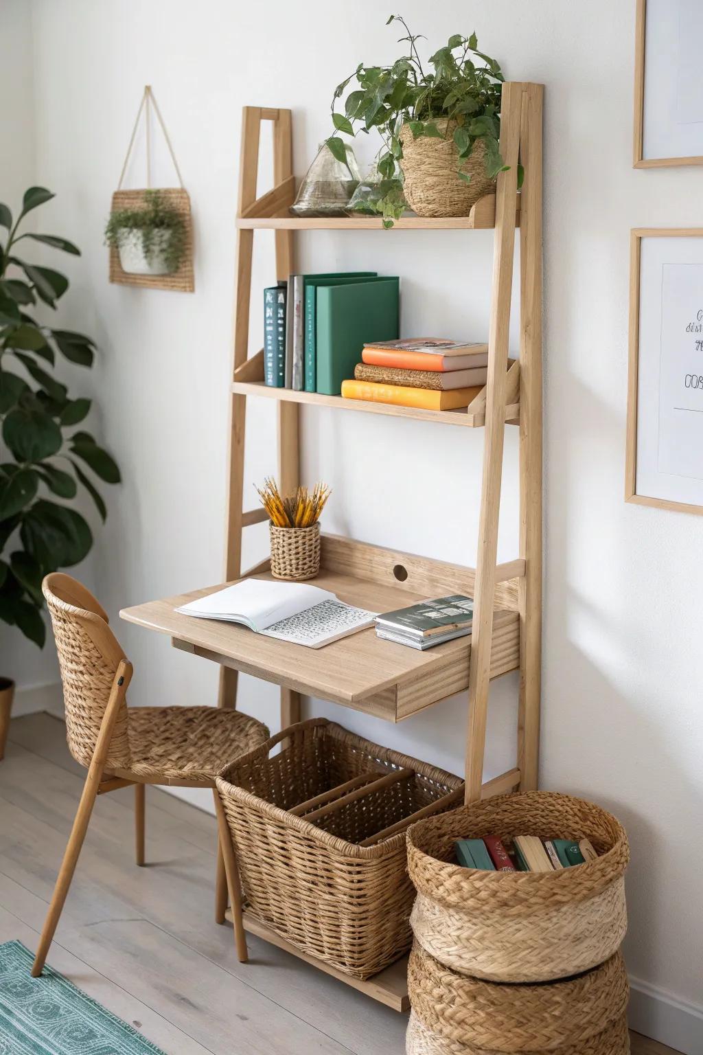 Go vertical with shelves above the desk—books and baskets stay tidy in a small living room office.