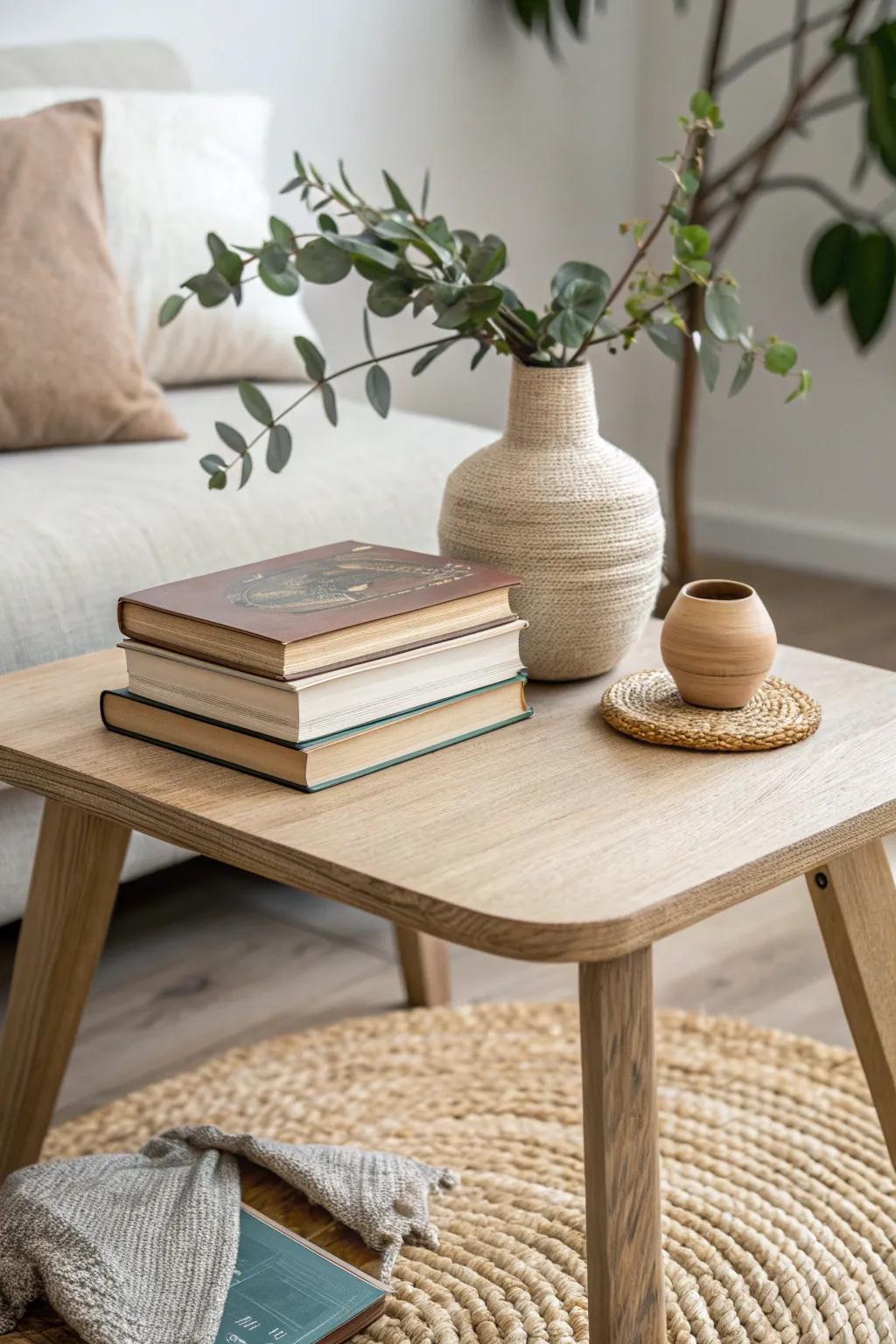 Style a small living room surface with the rule of three—simple, chic, and never cluttered.