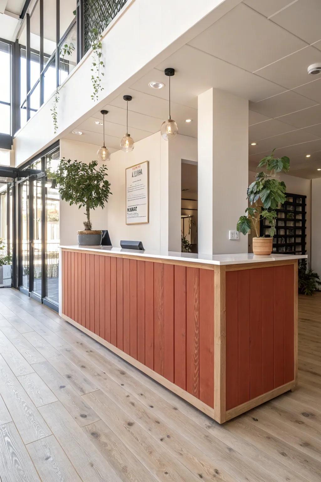 A bold handcrafted reception desk adds instant authority and style to a small lobby.