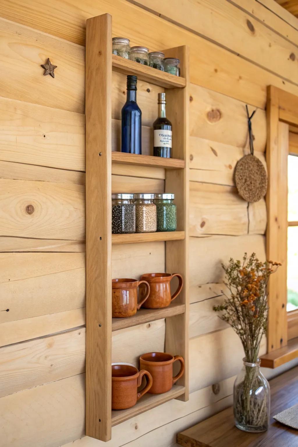 A slim vertical spice shelf turns an awkward log-wall gap into beautifully found storage.