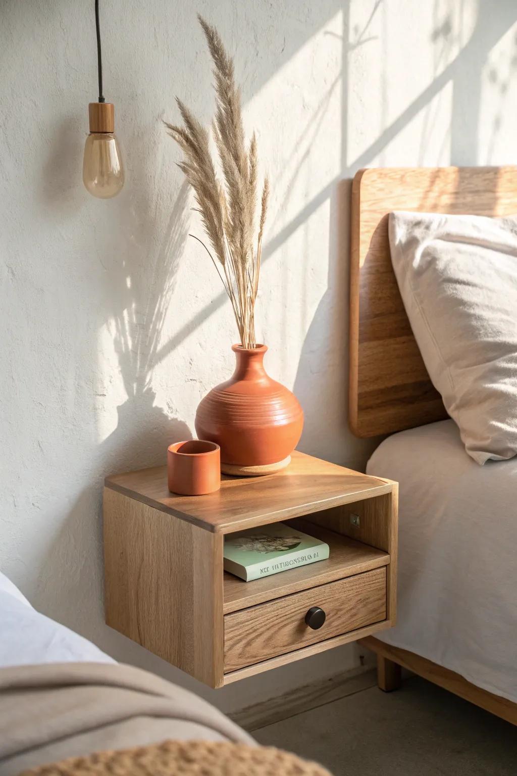 A floating nightstand frees up floor space, making a small master bedroom feel instantly bigger.