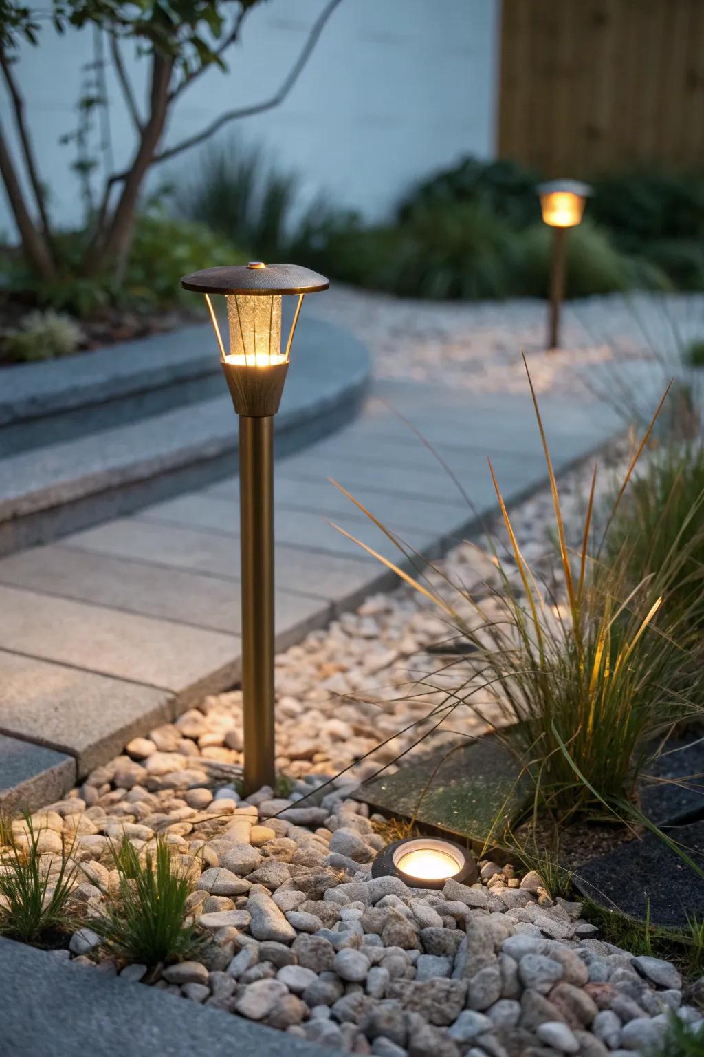 Warm brass path light + soft uplight glow—instant small garden luxury after sunset.