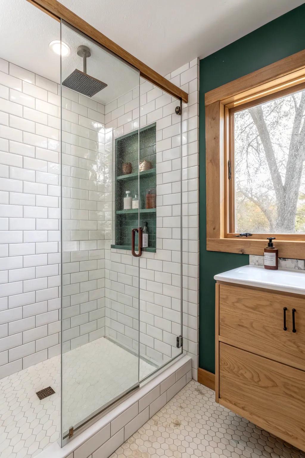 A frameless glass walk‑in shower with a built‑in niche makes tiny suites feel spa‑big.