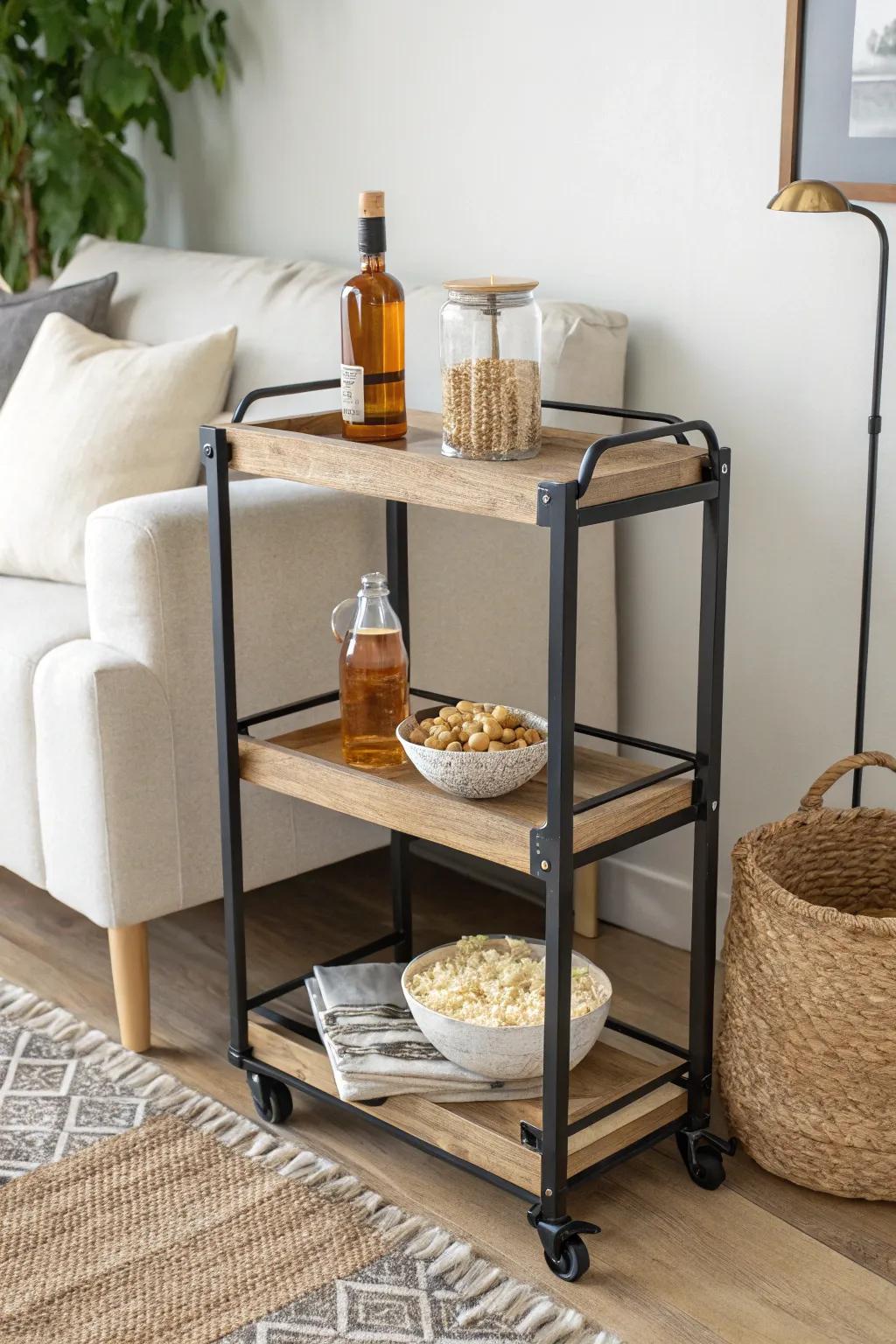 A slim rolling snack cart doubles as a movie-night station—then tucks away in seconds.