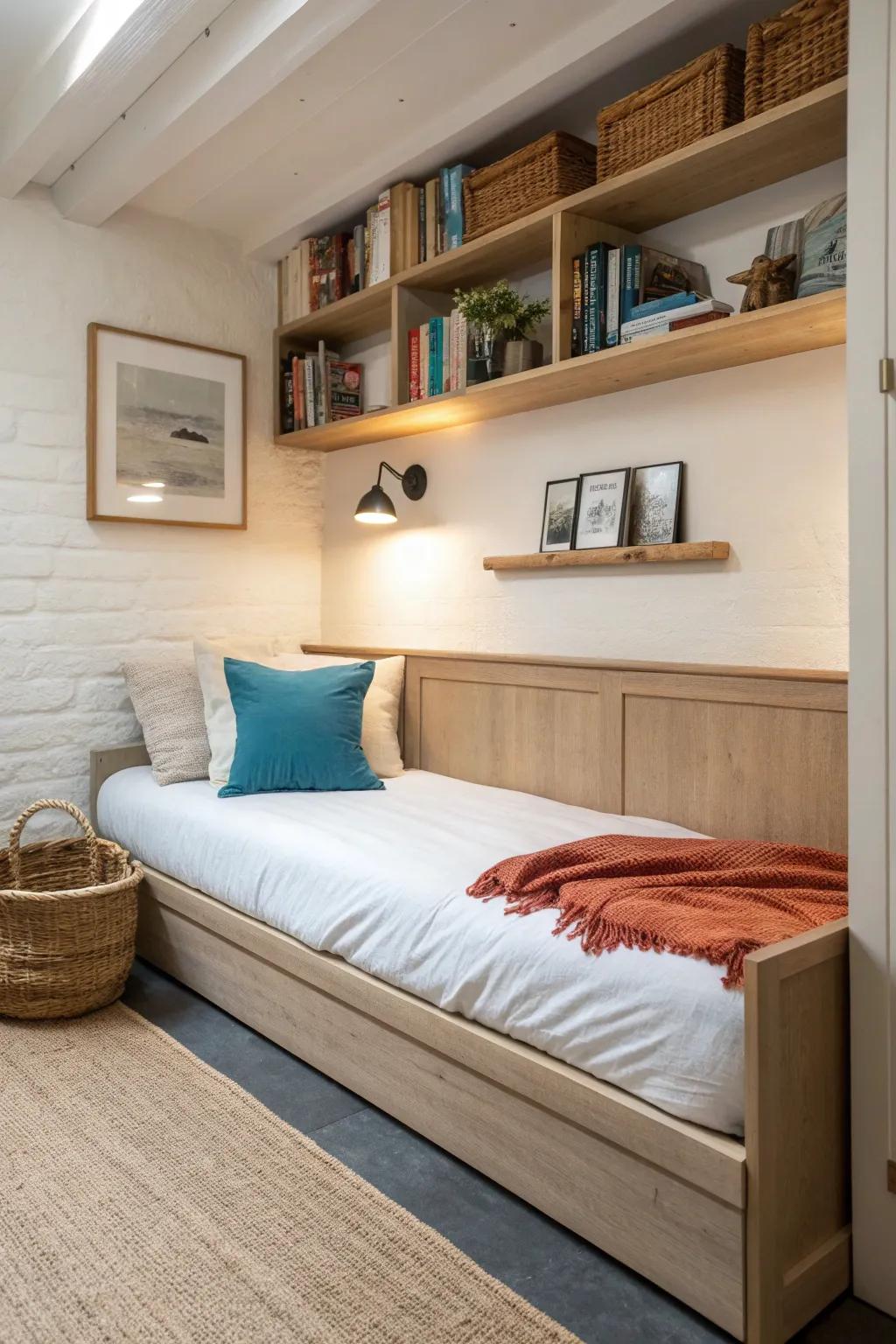 Turn a narrow basement wall into a chic daybed guest nook with built-in shelves and warm light.