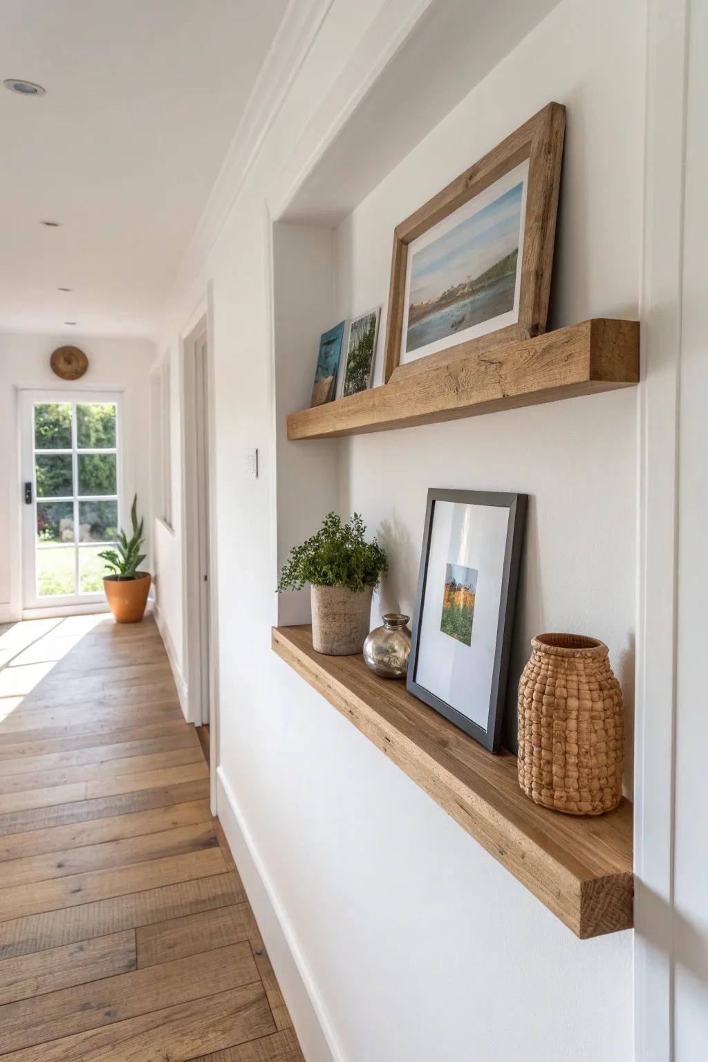 A floating picture ledge adds art + greenery without stealing space in a narrow hallway.