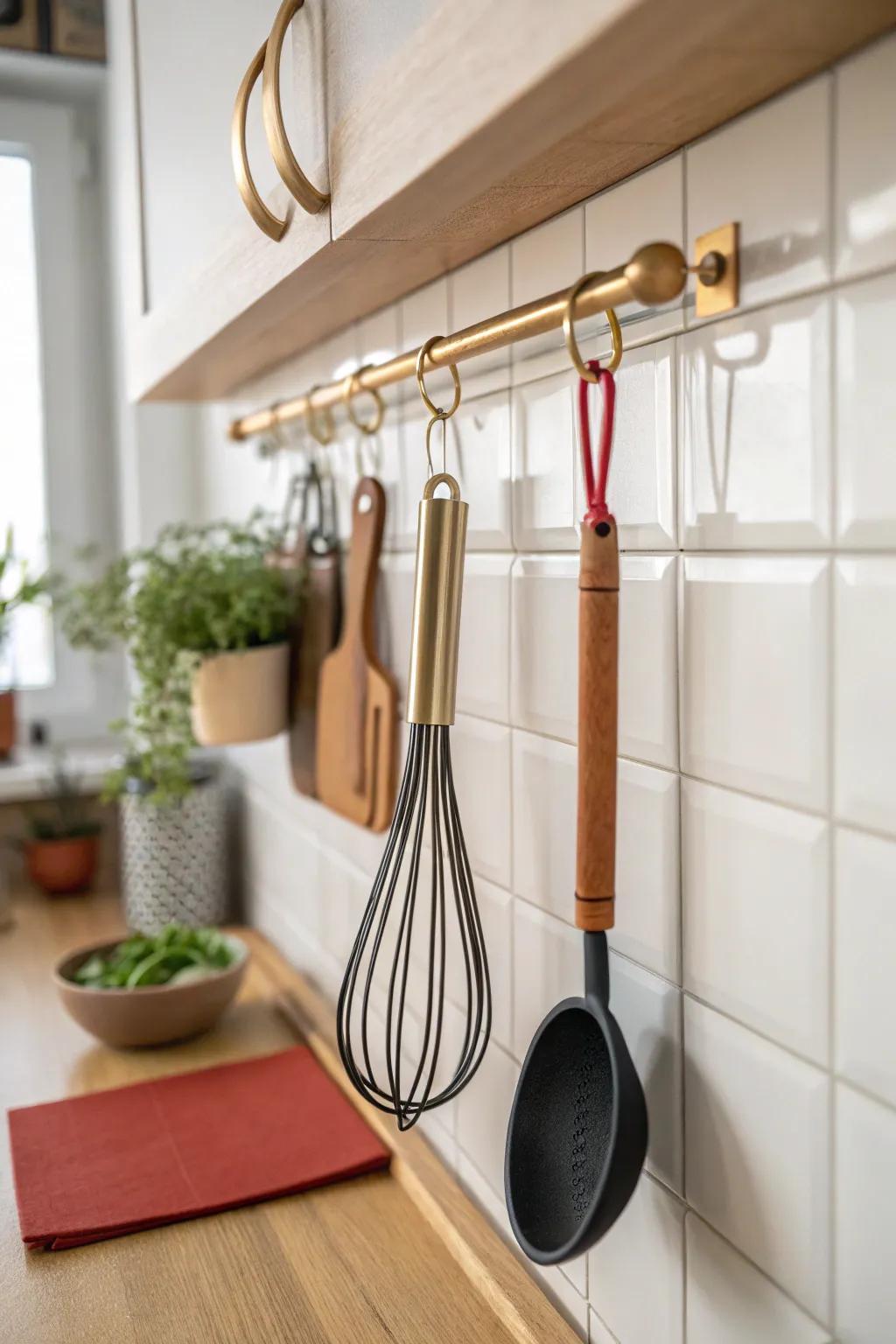 Free up narrow-kitchen prep space with a sleek rail—keep your go-to tools beautifully vertical.