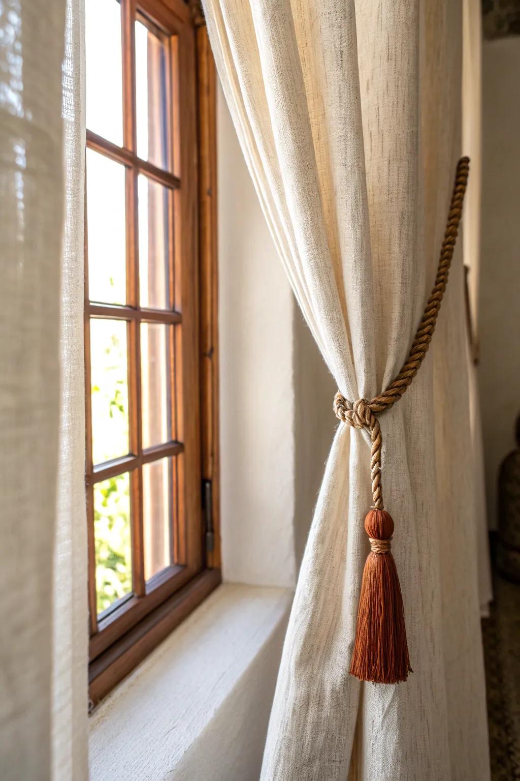 Ivory linen curtains + a warm terracotta tieback add texture without shrinking a narrow room.