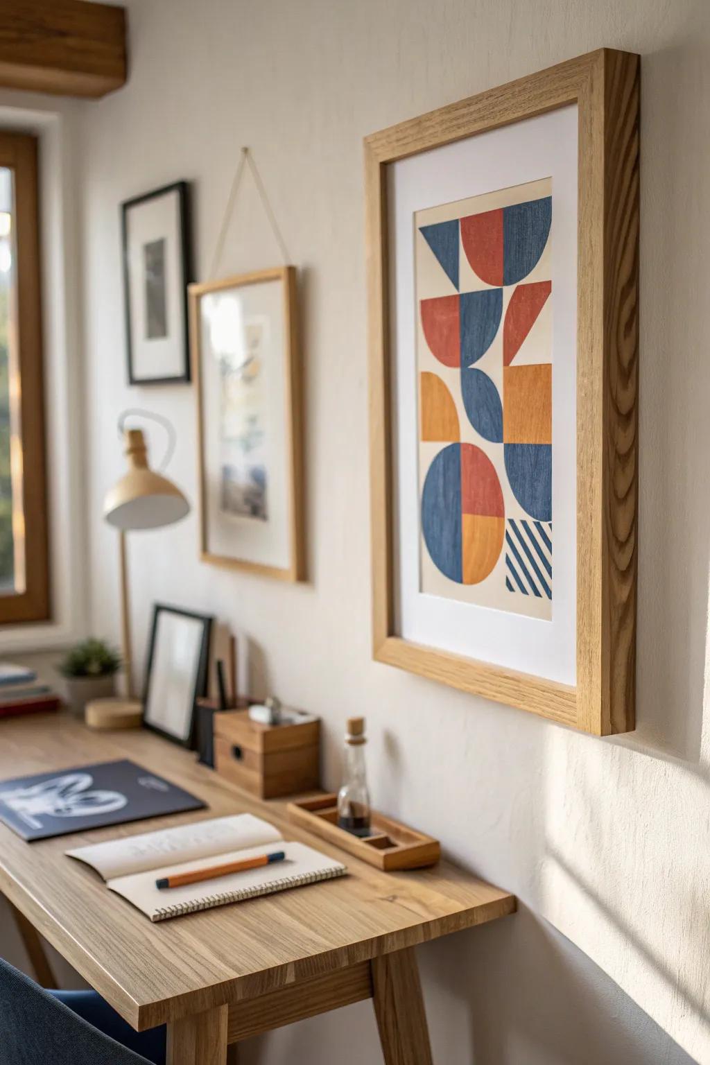 A single bold print in a simple frame instantly defines your small office corner.