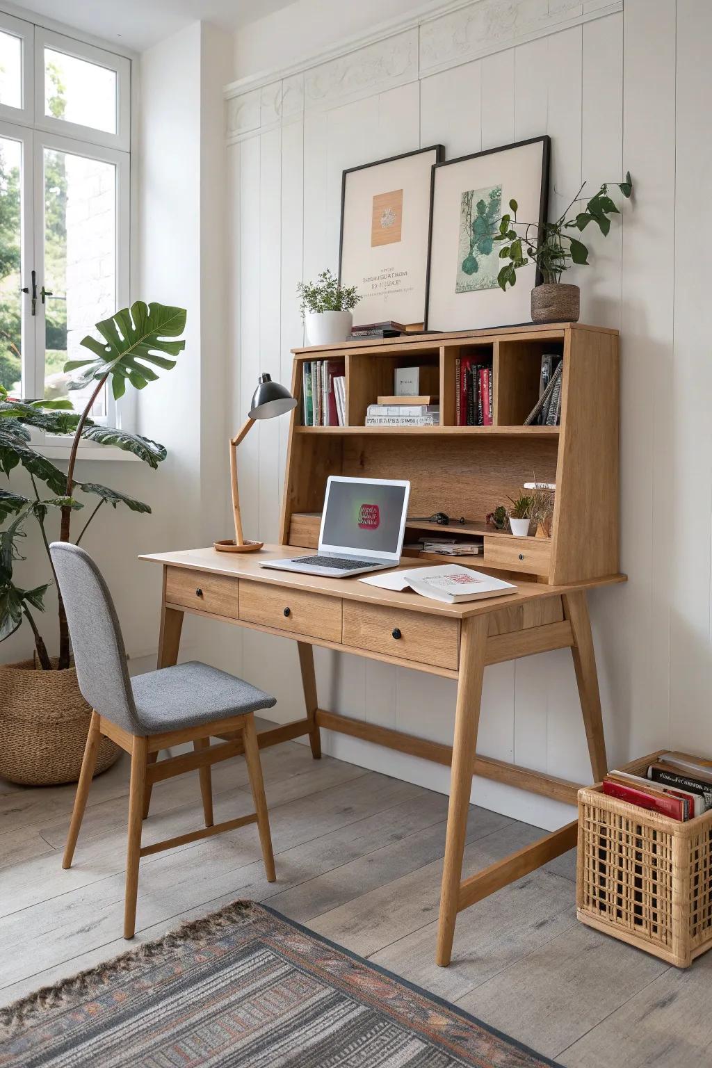 Back-to-back desks with a bold divider: two focused work zones in one small shared room.