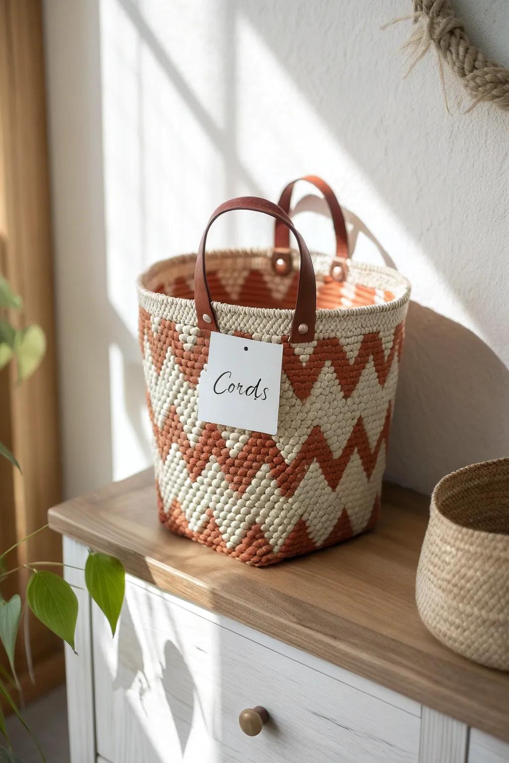 A chic labeled woven basket that hides cords and clutter while keeping open shelves pretty.