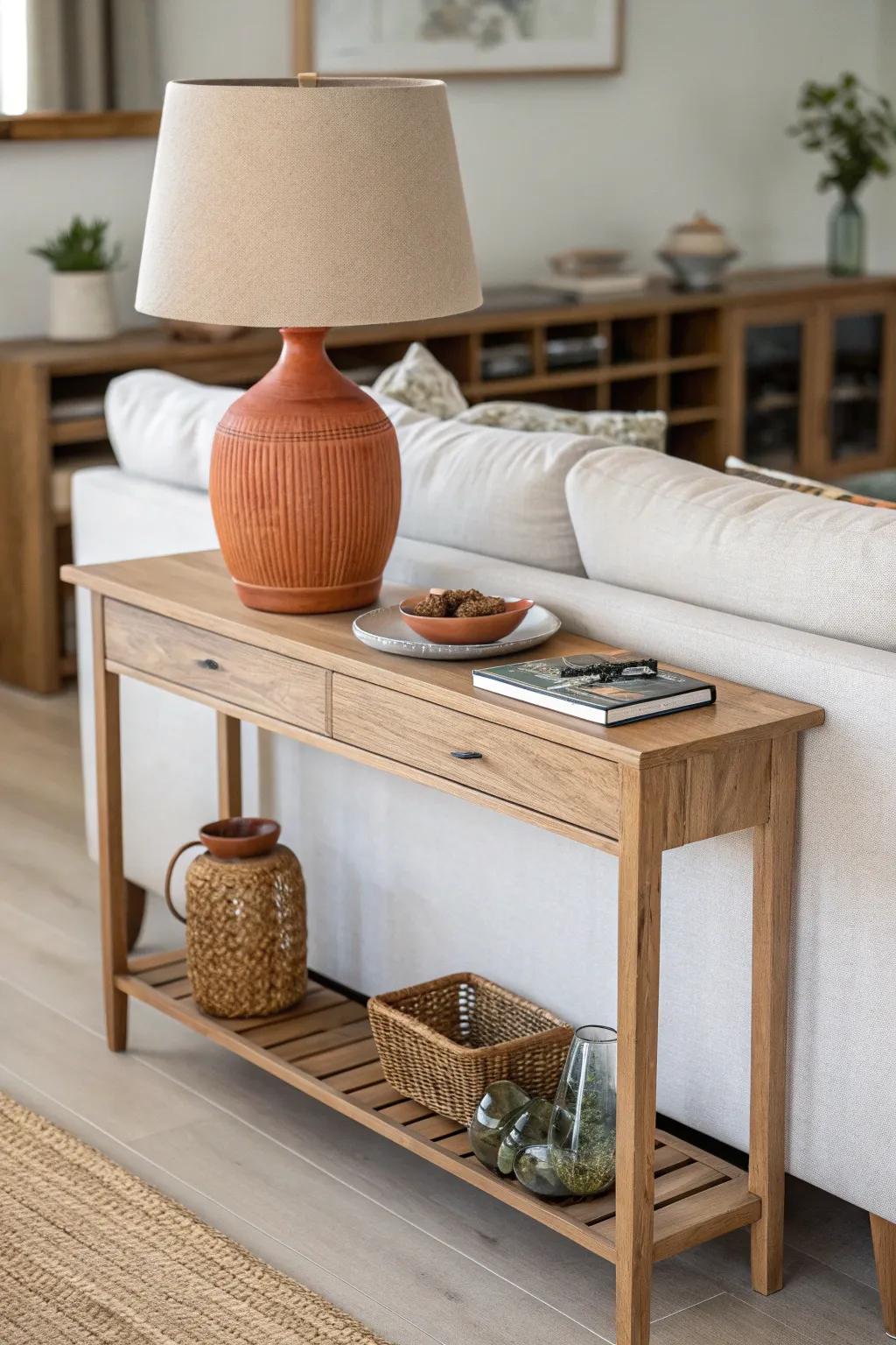 A slim console behind the sofa defines the living zone and keeps kitchen counters clear.