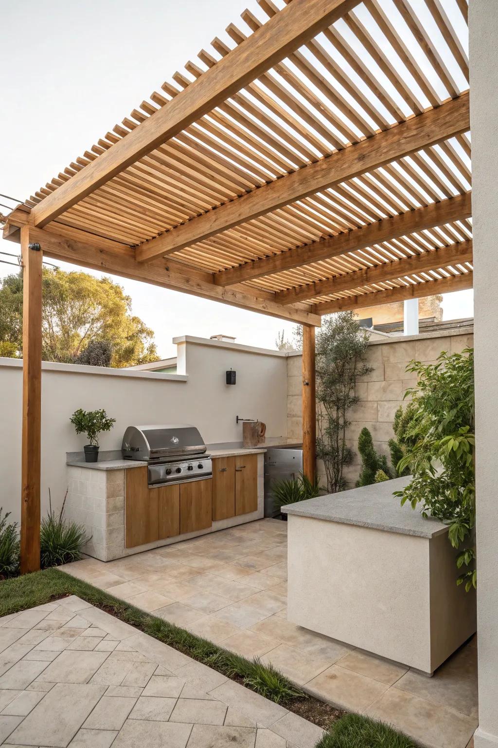 Overhead slatted shade instantly “rooms” a small BBQ spot—cooler, cozier, more kitchen-like.