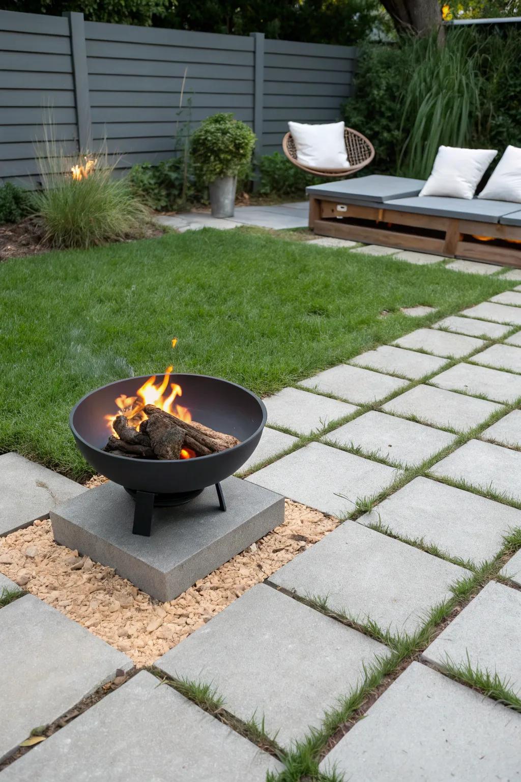 A compact backyard fireplace on a simple paver base—polished, low‑commitment, lawn‑friendly.