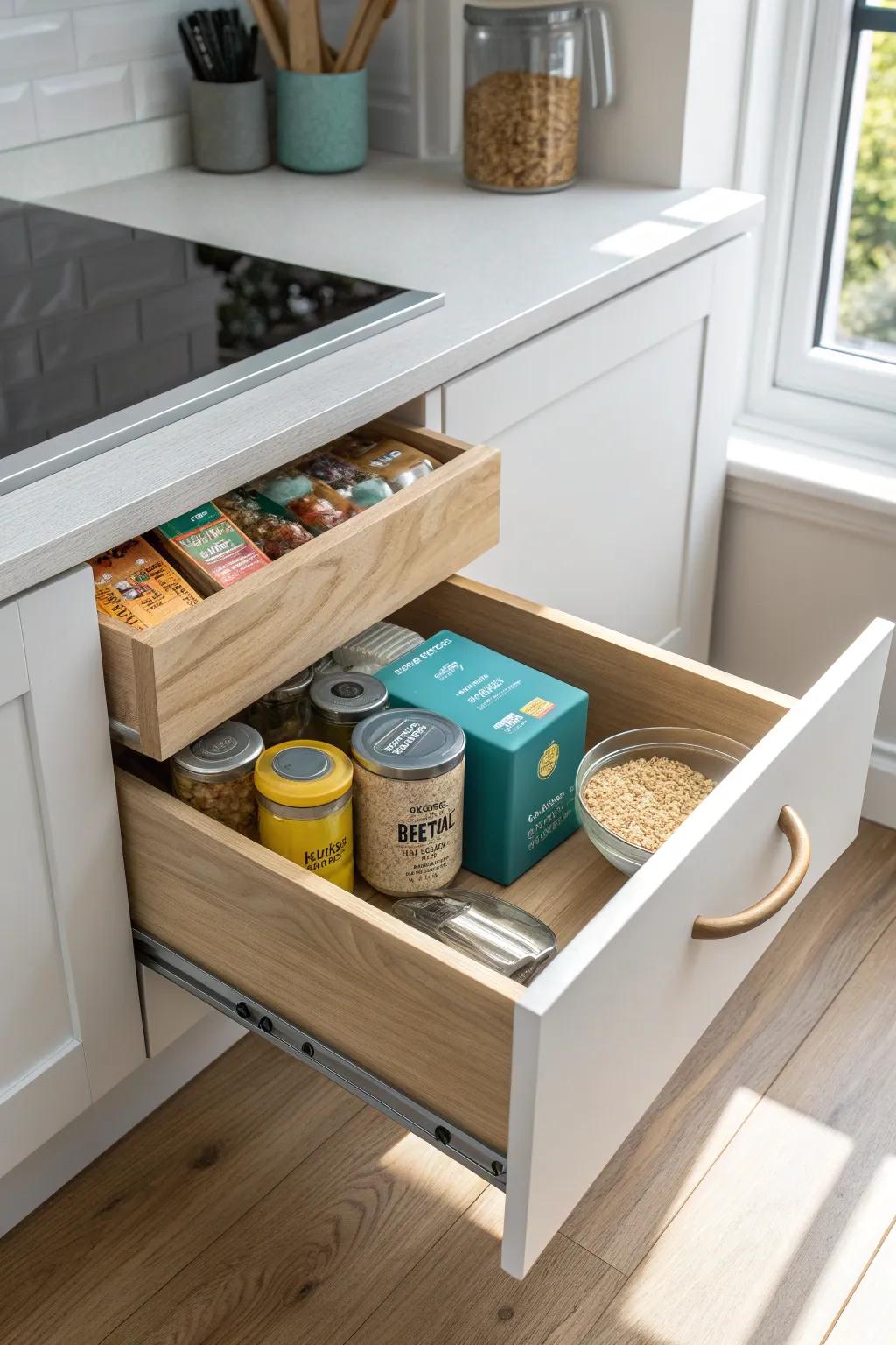 Pull-out bins turn deep pantry shelves into easy drawers—no more lost jars in the back.