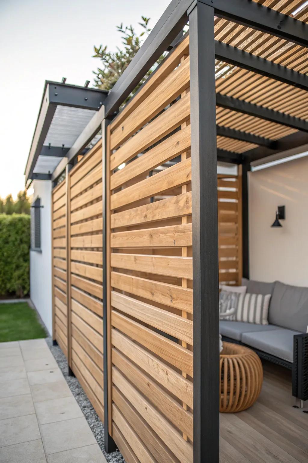 Slatted privacy screen wall adds calm to a tiny pergola patio—simple, warm, and stylish.