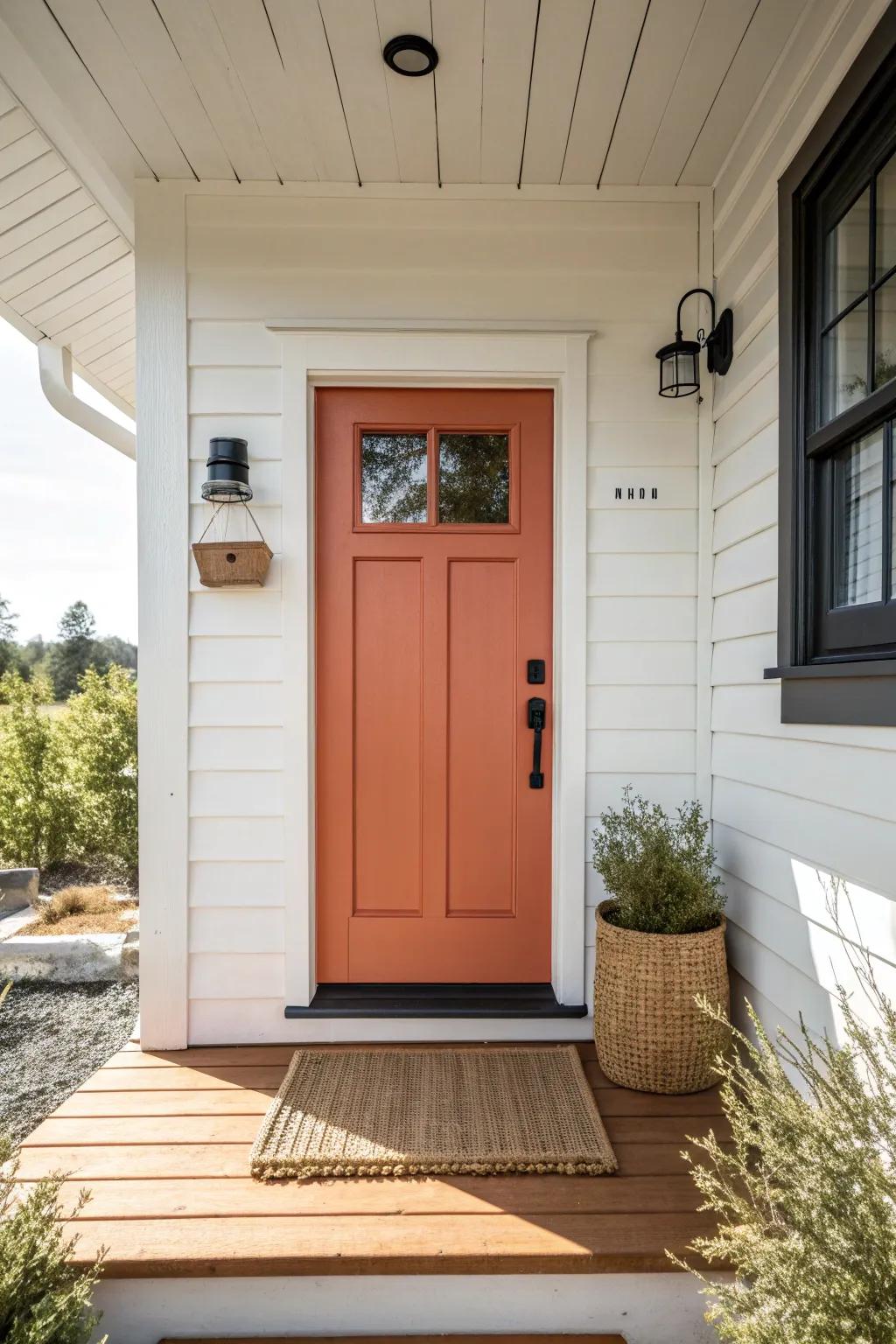 A bold, pop-color front door instantly gives a small porch a chic, intentional focal point.