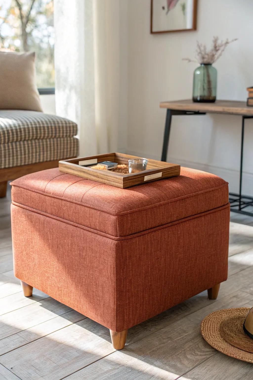 Storage ottoman with tray top: coffee table, extra seat, and hidden blanket bin for small ranch rooms.